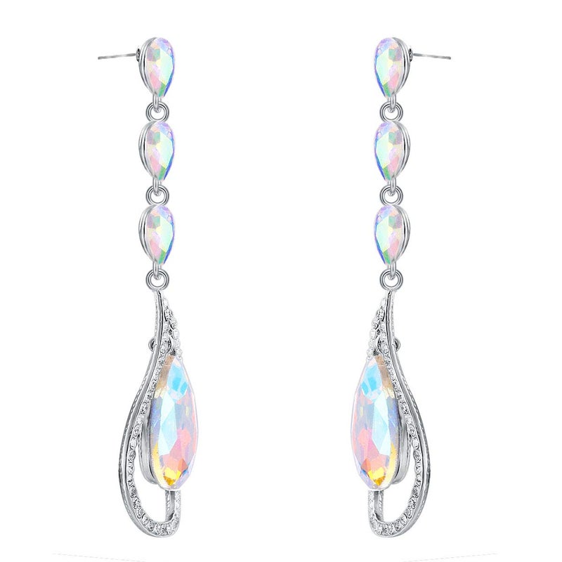 EVER FAITH Crystal Bridal Hollow-out Teardrop Pierced Dangle Earrings Iridescent Clear AB Silver-Tone - Image 5